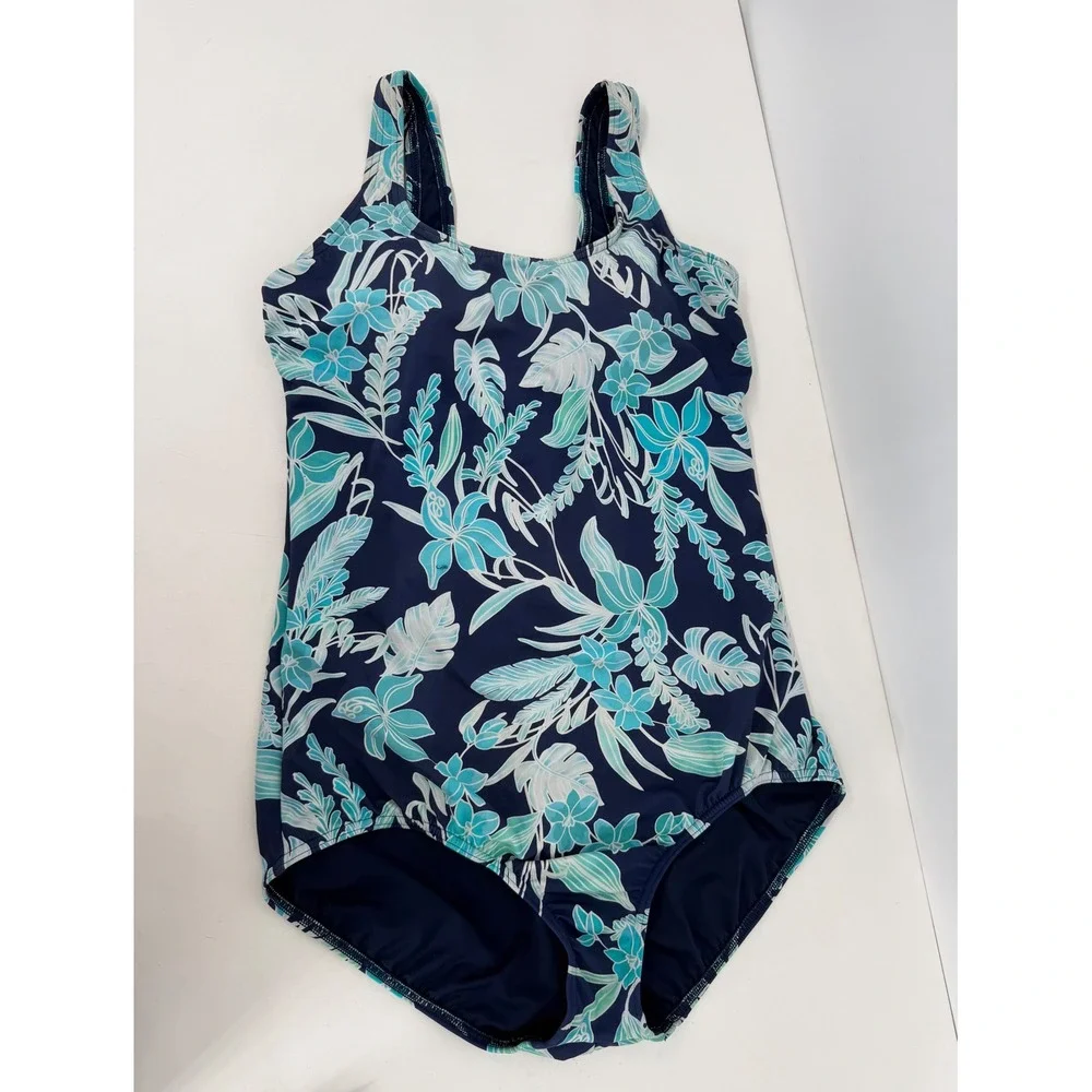 Lands End Womens Sz 16L Blue Tropical Floral One Piece Swimsuit Scoop Neck Tall